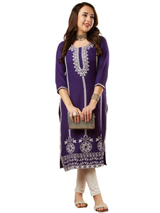 Anni Designer Women'S Cotton Blend Chikankari Embroidered Straight Kurta (Chndru Violet_Xl_Violet_X-Large),Violet,XL