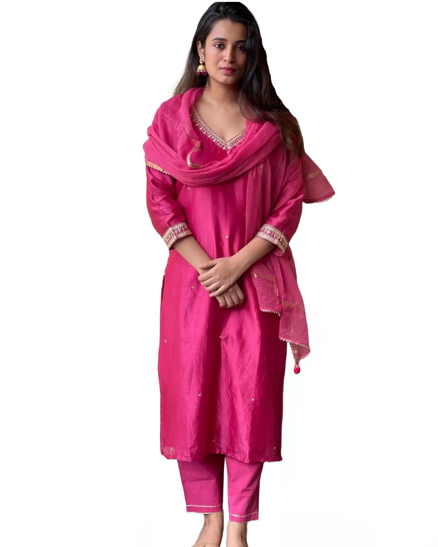 Anni Designer Women'S Cotton Blend Straight Fit Kurta With Pant & Dupatta (Bagicha-Rani_Pink_X-Large),Pink,XL