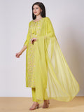 Anni Designer Women'S Rayon Viscose Embroidered Straight Kurta With Pant & Dupatta (Kochi Lime_S_Lime_Small),Lime Green,S,Rayon,Regular,