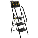 BOCOM 3 Step Ladder, Lightweight Portable Folding Sturdy Iron Step Stool with Handrails, Attachable Tool Bag, Anti-Slip Wide Ped