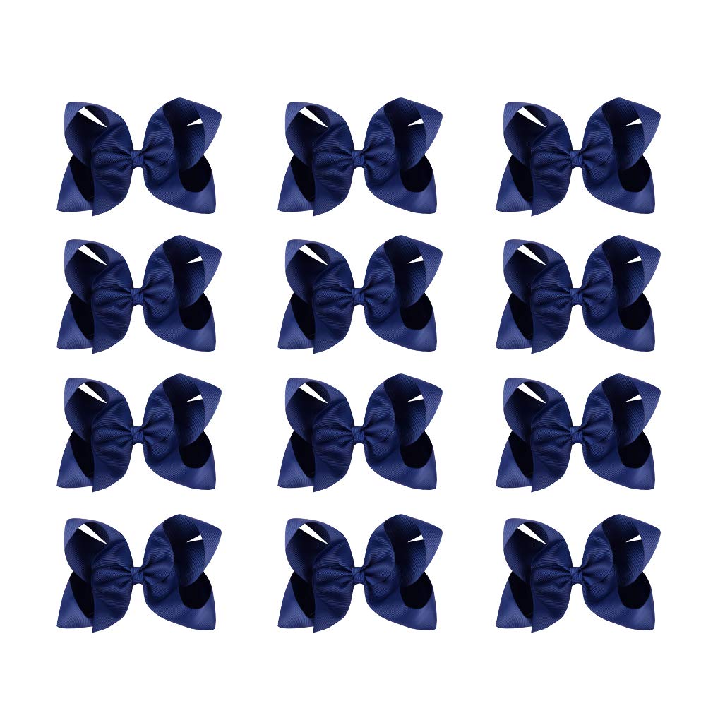 DEEKA 12 PCS 6 Big Hand-made Grosgrain Ribbon Hair Bow Alligator Clips Hair Accessories for Little Teen Toddler Girls - Navy B