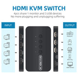 4K HDMI KVM Switch, 4 Port HDMI USB Switch for 4 Computer Share a 4K@30Hz Monitor and 3 USB Device Keyboard Mouse Printer, Inclu