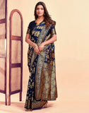 Sugathari Womens Pure Kanjivaram Silk Saree Banarasi Silk Saree With Blouse Piece (Sam Pari S-7) (Navy Blue)