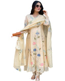 Gosriki Women'S Chanderi Anarkali Printed Kurta With Pant & Dupatta (Shastra Cram-Gs_Xl_Cream_X-Large),Cream,,B0F38HM543