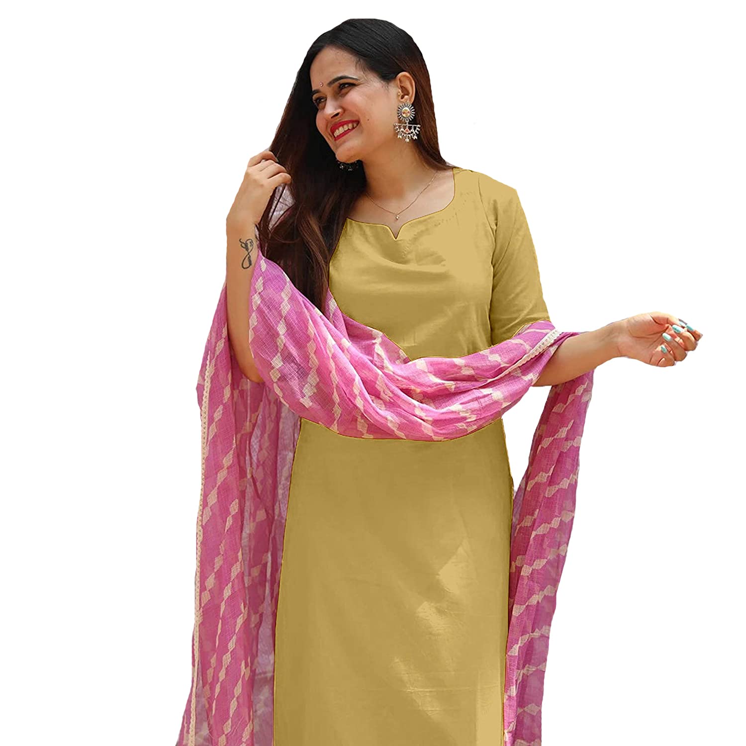 Anni Designer Women'S Cotton Leheria Printed Kurta And Palazzos & Dupatta Set (Chiku M) Beige,Beige,M,Cotton Blend,Straight,