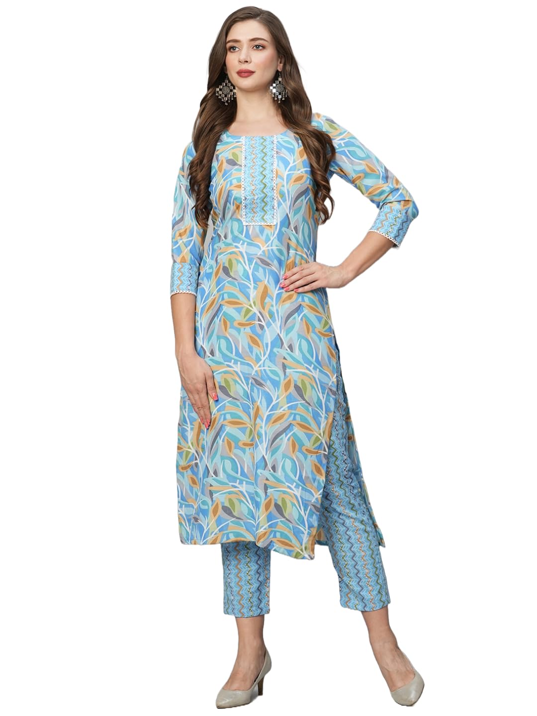 Anni Designer Women'S Cotton Blend Straight Printed Kurta With Pant Set (Pahal Blue_Xl_Blue_X-Large),Blue,XL