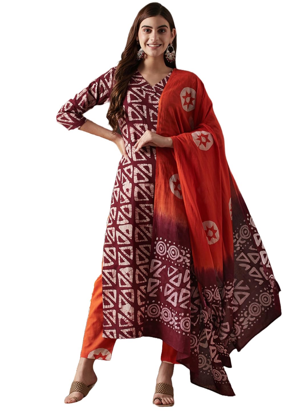 Anni Designer Women'S Cotton Blend Straight Printed Kurta With Pant & Dupatta (Karka Op-Wine-Kbv_M_Wine_Medium),Wine,M,,,