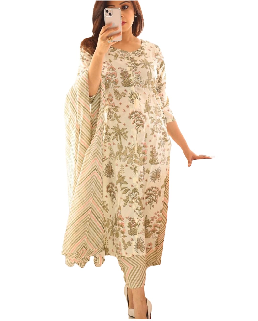 Anni Designer Women'S Rayon Blend Straight Printed Kurta With Pant & Dupatta (Damlur Cream_M_Cream_Medium),Cream,M