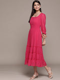 Gosriki Women'S Solid Chiffon Smocked Tiered Midi Dress (Beau-Pink-Dress_L-Gs_Pink_Large),Pink,,B0BRL487WP