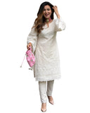Anni Designer Women'S Cotton Blend Embroidered Straight Kurta With Pant (Mavak Cream_Xxl_Cream_Xx-Large),Cream,2XL