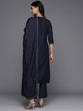 Libas Blue Yoke Design Silk Blend Straight Kurta With Trousers & Dupatta Blue M