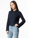 Fyltr Women'S Casual Crop Tee With Classic Collar & Flared Sleeves - Contrast Buttons | Stylish Patch Pocket With Flap,Vainly Navy,Vainly Navy,Xl
