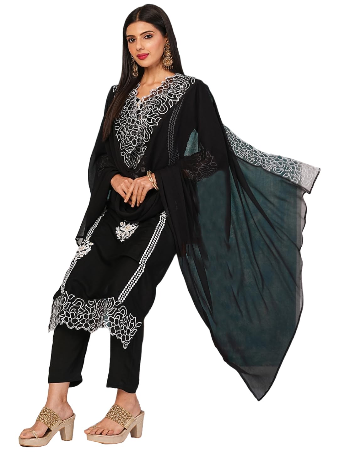 Gosriki Women'S Rayon Blend Straight Embroidered Kurta With Pant & Dupatta (Trp Black-Nb-Gs_S_Black_Small),Black,,B0D4J5B1TZ