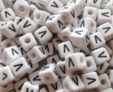 ChangJin 120PCS White Plastic Cube Alphabet Beads Black Letter 10x10mm W/4mm Hole for Jewelry Making (White Beads V 120PCS)