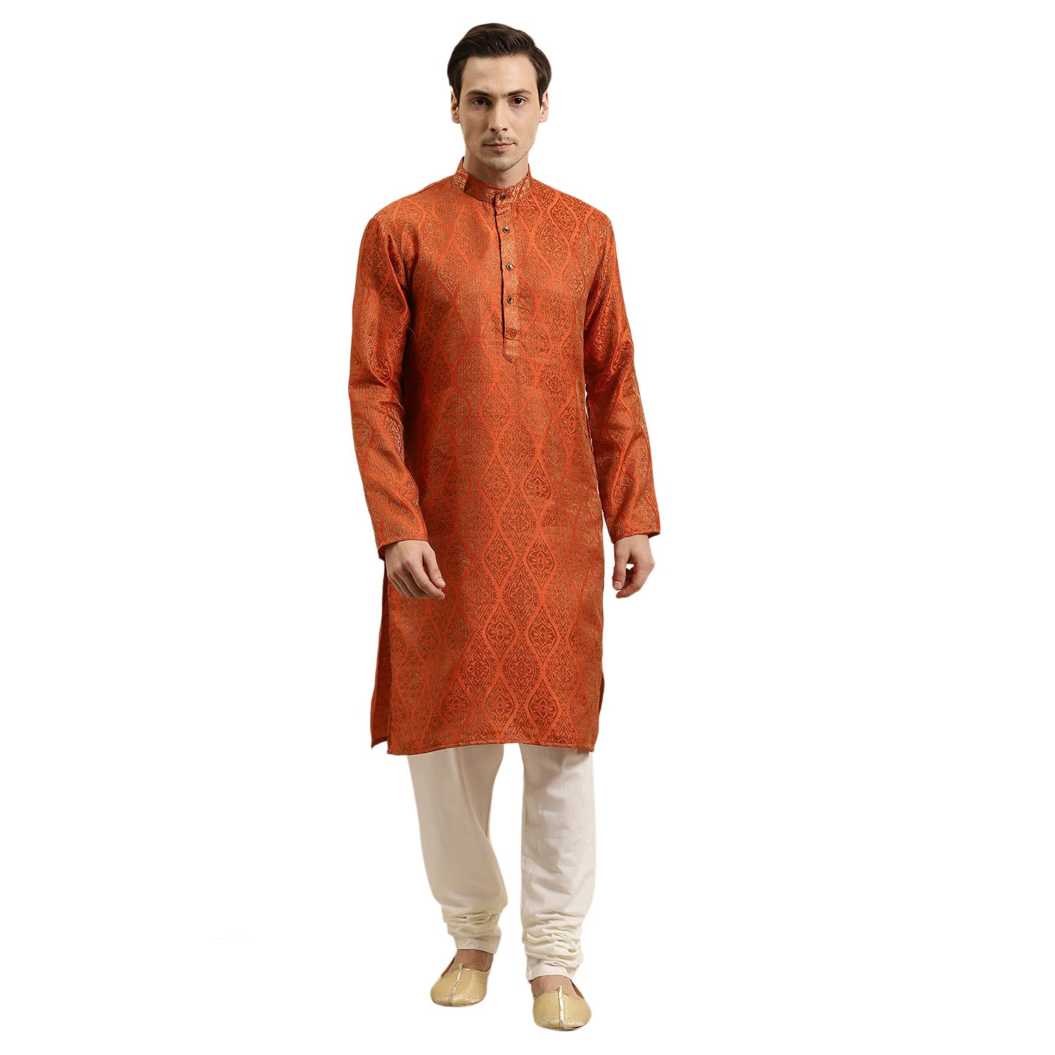 Sojanya (Since 1958 Men'S Jacquard Silk Orange & Gold Kurta Size 40