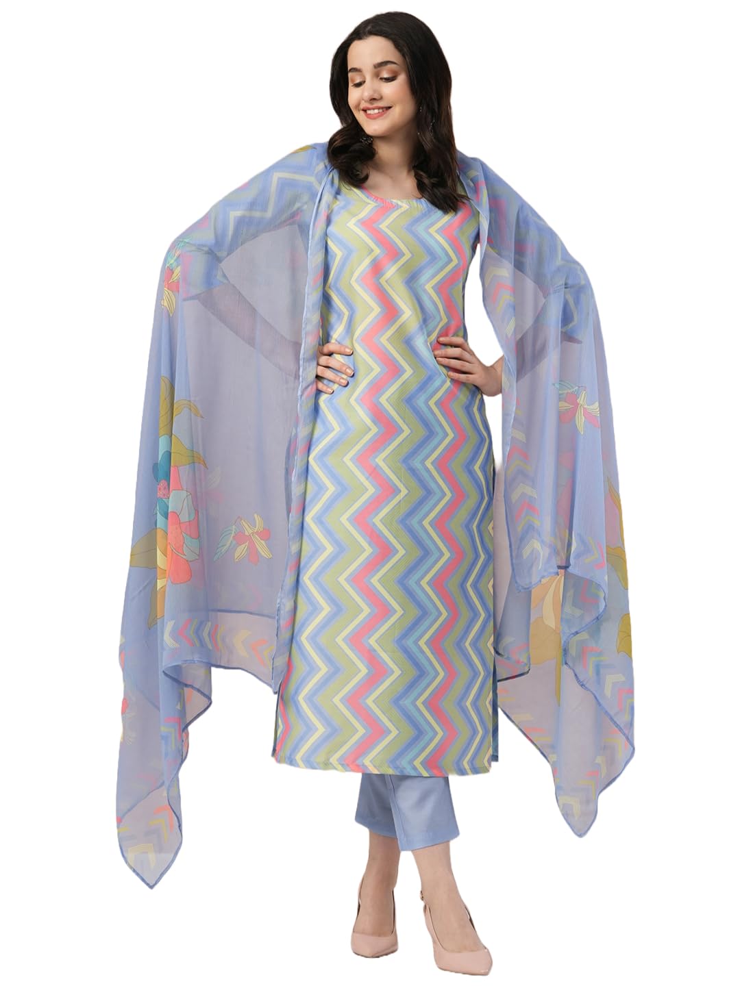 Anni Designer Women'S Rayon Blend Straight Printed Kurta With Pant & Dupatta (Zaggu Blue_L_Blue_Large),Blue,L