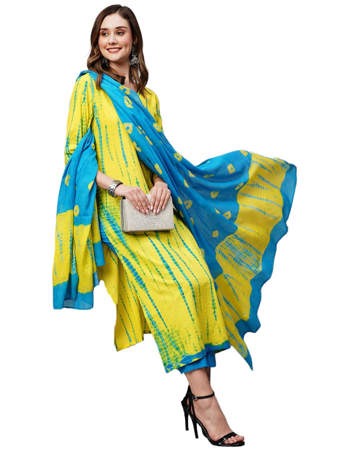 Anni Designer Women'S Cotton Blend Staright Printed Kurta With Pant & Dupatta (Kayke Yellow_4Xl_Yellow_Xxxx-Large),Yellow,4XL