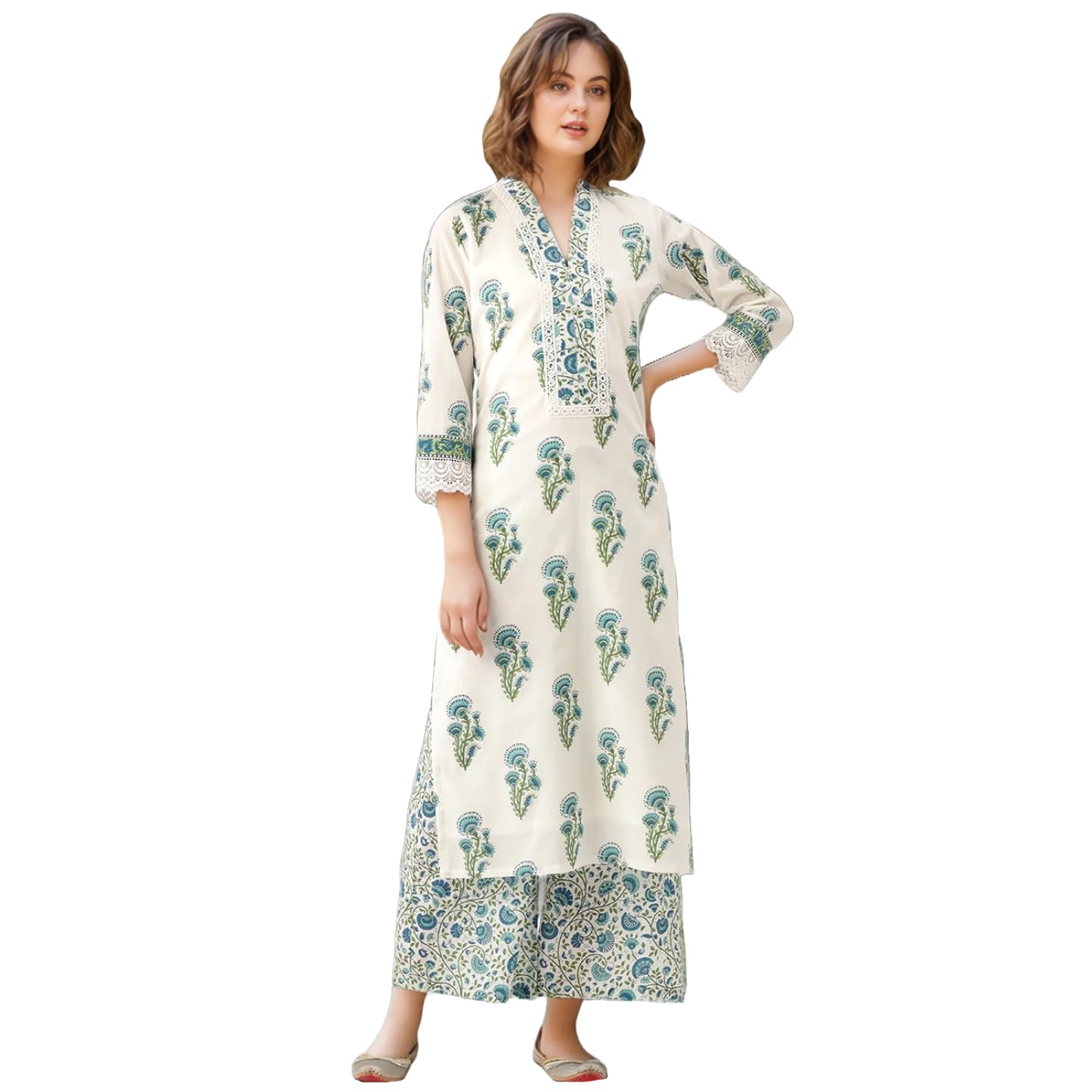 Anni Designer Women'S Rayon Viscose Straight Printed Kurta With Palazzo (Kumbh White_M_White_Medium),White,M