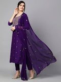 Gosriki Women'S Cotton Blend Embroidered Straight Kurta With Pant & Dupatta (Kasturi Begani-Nw-Gs_M_Blue_Medium),Blue,,B0CKLRHBCV