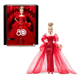 Barbie Signature Doll, Mattel 80th Anniversary Collectible in Glittery Red Tulle Gown with Drop Earrings and Sheer Gloves, Blond