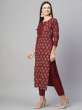 Anni Designer Women'S Cotton Blend Staright Printed Kurta With Pant (Garima Maroon_M_Maroon_Medium),Maroon,M,Cotton Blend,Regular,Kurta & Pant Set