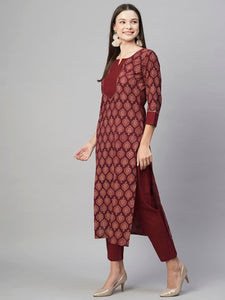 Gosriki Women'S Cotton Blend Straight Printed Kurta With Pant (Garima Maroon-Gs_Xxl_Maroon_Xx-Large),Maroon,2,B0C7W632X2