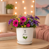 Xtore Signature Ceramic Planter With Drainage Tray | Botanical Quote Print Flower Pot For Home, Study Table, Office Desk & Livin