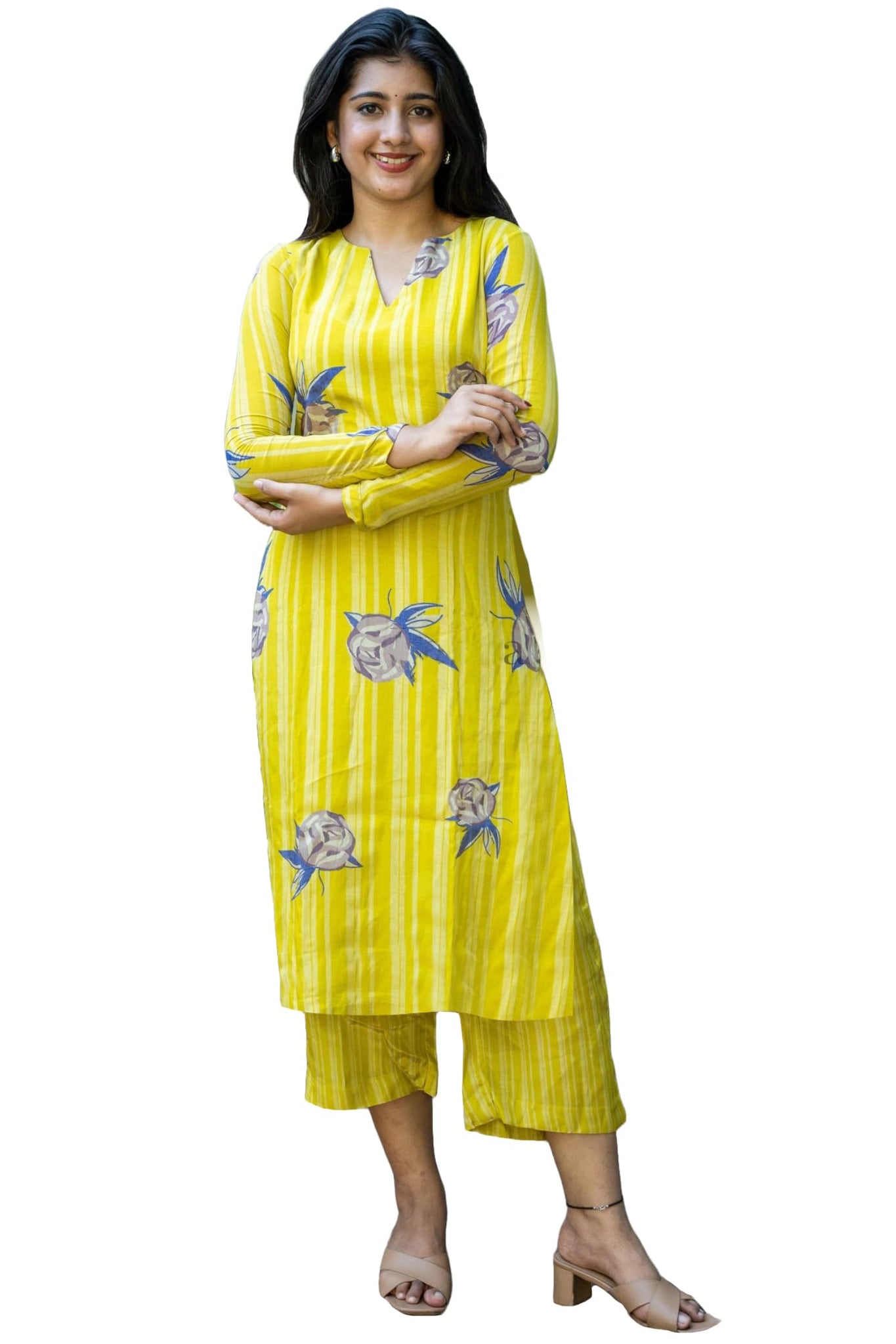 Anni Designer Women'S Rayon Viscose Floral Straight Kurta With Pant (Vridha Yellow Small),Yellow,S