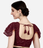 Pujia Mills Women'S Shipali Net Work Ruffle Sleeves Readymade Saree Blouse (Shipli Jhadu Maroon_Maroon_38 Size + Margin)