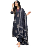 Anni Designer Women'S Rayon Blend Straight Printed Kurta With Pant & Dupatta (Jimny Black_S_Black_Small),Black,S