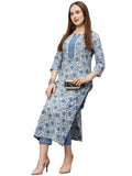 Anni Designer Women'S Cotton Blend Printed Straight Kurta With Pant (Mung Blue_Xl_Blue_X-Large),Blue,XL