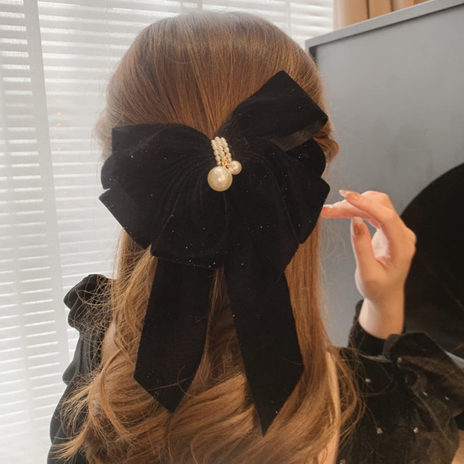 Wekicici Big Bow Hair Clips with Pearl Black Bow Hair Clips Huge Soft Bow Women Barrettes Accessories for Women Girls (Black),re