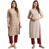 Pinkmint Crepe Casual Style Women Kurta with Pant Fancy Printed Kurti for Women Trendy Kurti ll (Pack of 2) Beige-White