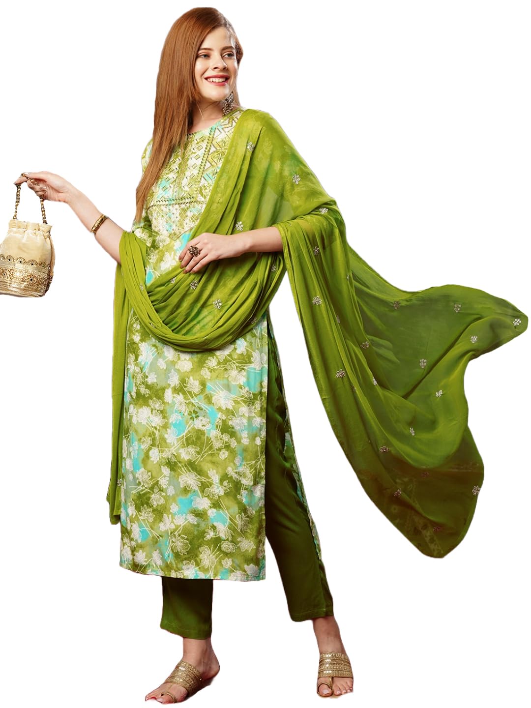 Anni Designer Women'S Cotton Blend Printed Straight Kurta With Pant & Dupatta (Bhadrusha Green-Jb_S_Green_Small),Green,S
