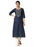 Libas Women'S Silk Floral Straight Kurtas (98154_Navy Blue_Xl)