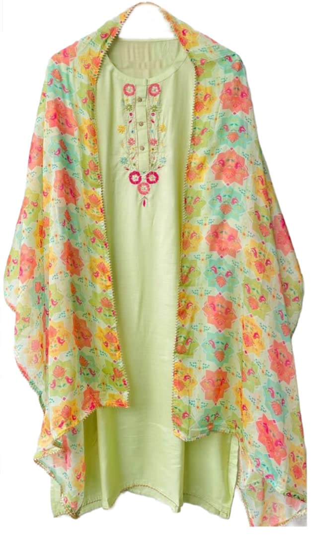 Anni Designer Women'S Cotton Solid Straight Kurta With Pant & Dupatta (Virah-Green_L_Pista_Large),Pista,L
