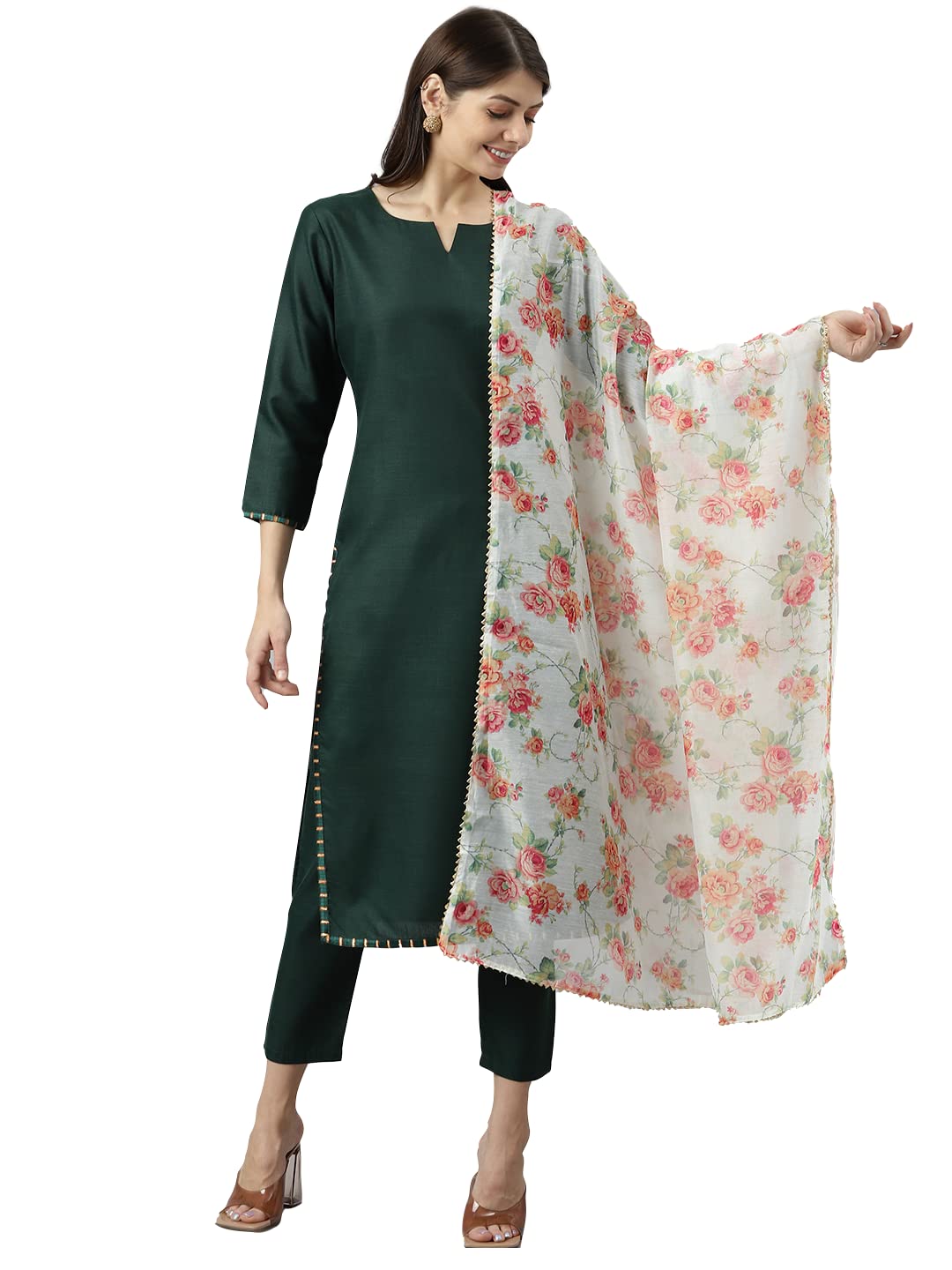 Anni Designer Women'S Polycotton Straight Kurta With Pant & Dupatta (Amrik Dark Green_Xl_New01_Green_X-Large),Green,XL