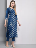 Anni Designer Women'S Cotton Blend Embroidered Straight Kurta With Pants & Dupatta (Kurupam-Cersoin_L_Dark Blue_Large),Dark Blue,L,,,
