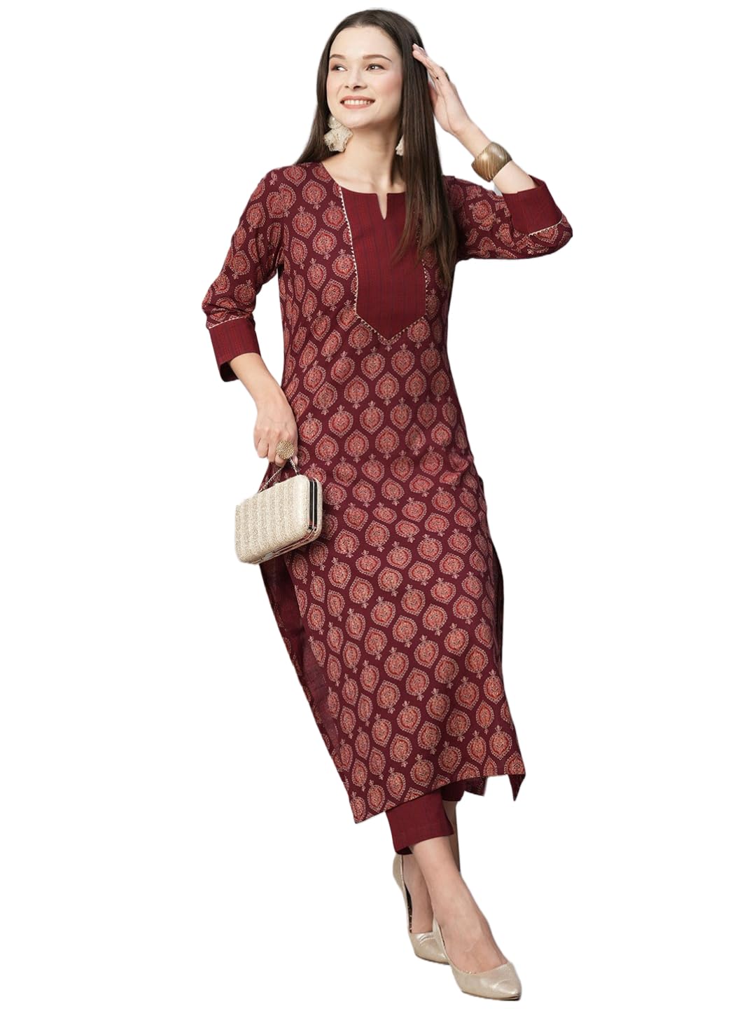 Anni Designer Women'S Cotton Blend Straight Printed Kurta With Pant (Garima Maroon-Nw_L_Maroon_Large),Maroon,L