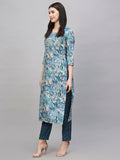 Gosriki Women'S Cotton Blend Straight Printed Kurta With Pant (Seep Blue-Gs_L_Blue_Large),Blue,,B0CT3MRDHK