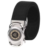 Niddleman MenS Silver Automatic Buckle Belt With Watch Dial Design, Canvas Strap, 2.5 Cm Width, Adjustable Size, White, Casual 