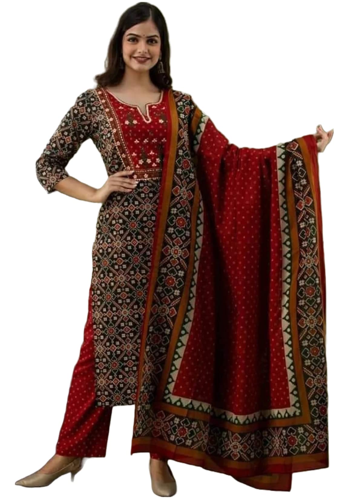 Anni Designer Women'S Cotton Blend Printed Straight Kurta With Pant & Dupatta (Makshi Red_S_Red_Small),Red,S