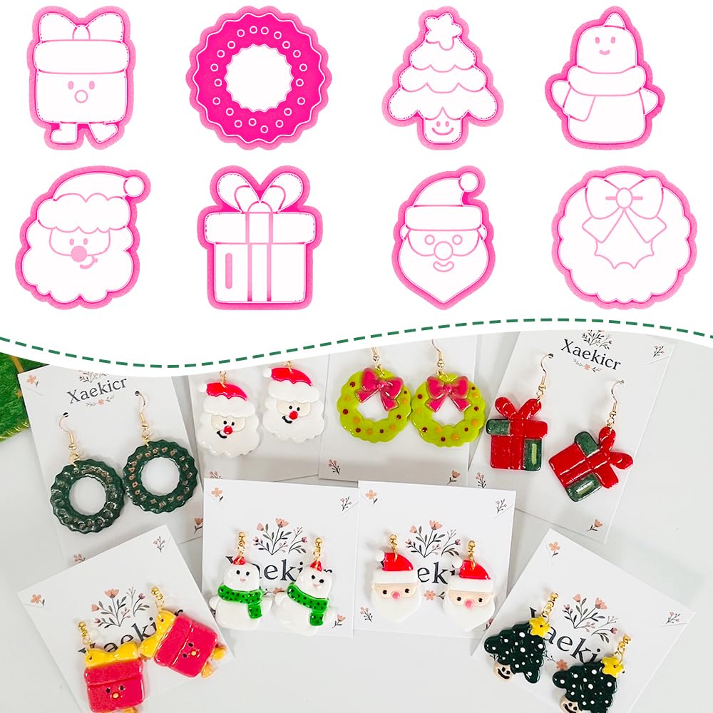 Xaekicr Christmas Polymer Clay Cutters Set - 8 Pcs Holiday Clay Earring Cutters for DIY Jewelry Making, Santa Tree Wreath Gifts 