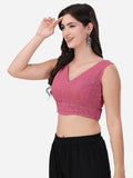 Oomph! Women'S Indian Ethnic Wear Designer Square Leaf Pattern V Neck Sleeveless Cotton Rose Pink Blouse For Saree Or Lehnga And Blousepalazzos Or Skirts For A Fusion Twist. Rose Pink 2 M