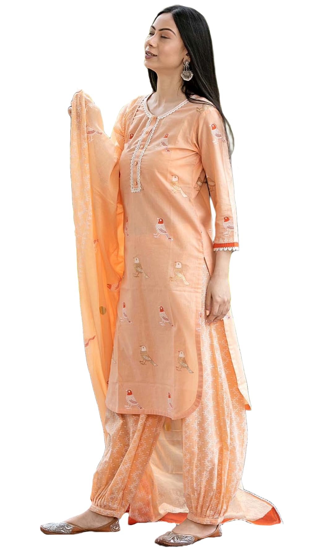Anni Designer Women'S Cotton Blend Straight Hand Block Printed Kurta With Pant & Dupatta (Ragsri Peach-Vks01_Xxl_Peach_Xx-Large),Peach,2XL,,,