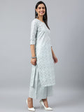 Anni Designer Women'S Cotton Blend Straight Printed Kurta With Palazzo & Dupatta (Suchi Sky Blue_M_Sky Blue_Medium),Sky Blue,M,Cotton Blend,Straight,Dupatta