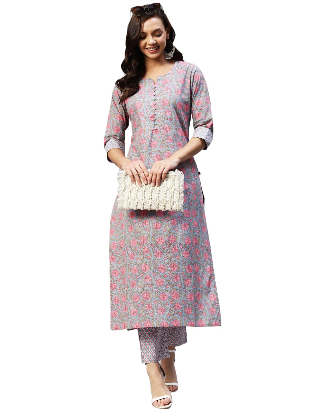 Anni Designer Women'S Cotton Blend Straight Printed Kurta With Palazzo (Lochna Grey_3Xl_ Grey_Xxx-Large),Grey,3XL