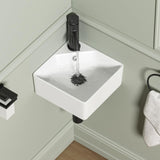 Wall Mount Corner Bathroom Sink, QISHKA 12 X 12 Square Floating Ceramic Wash Hand Basin Small White Wall Mount Vanity Sink with 