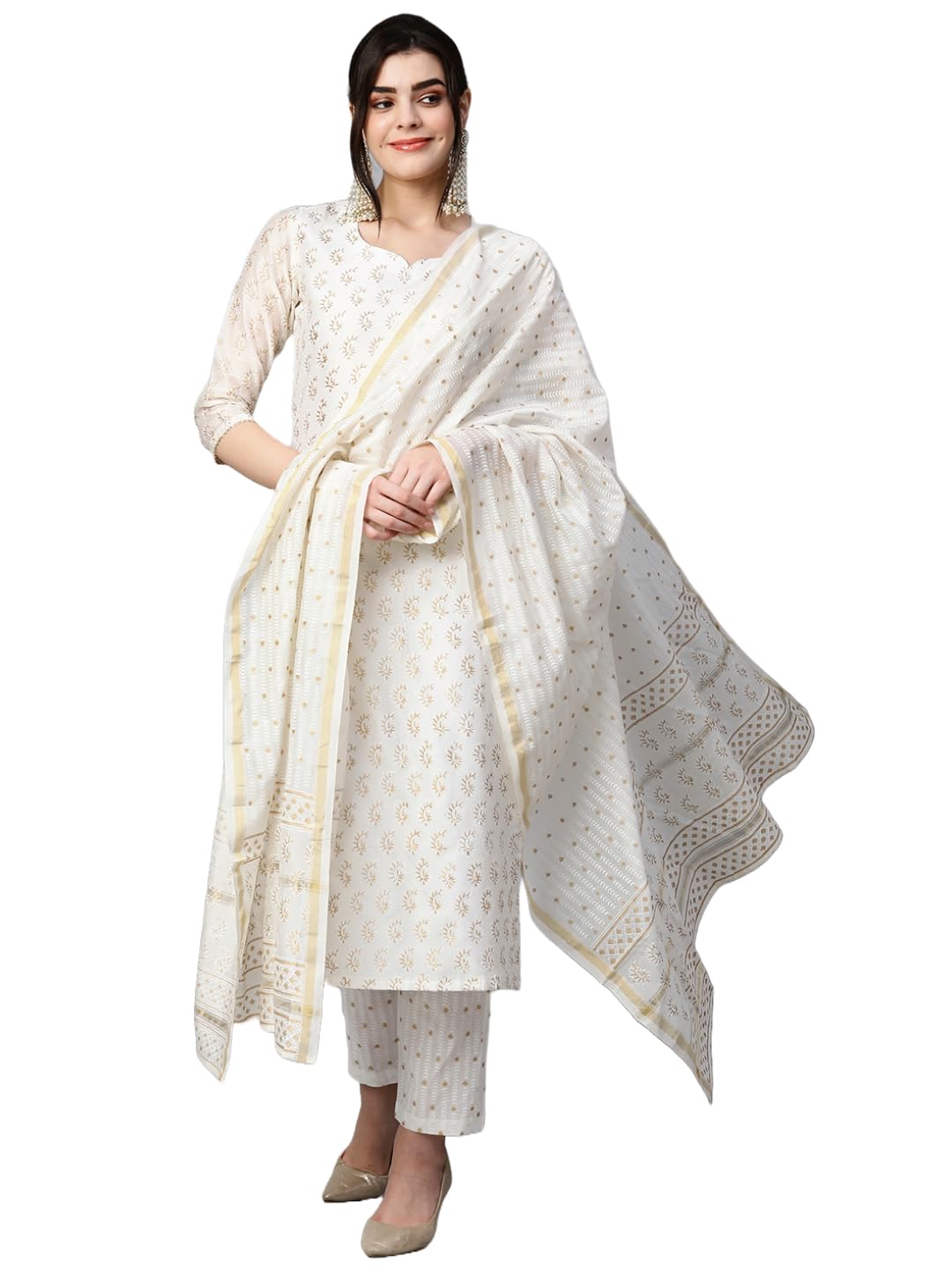 Gosriki Women'S Chanderi Cotton Straight Printed Kurta With Pant & Dupatta (Saligram Cream-Gs_Xl_Cream_X-Large),Cream,,B0CGD6NHLK