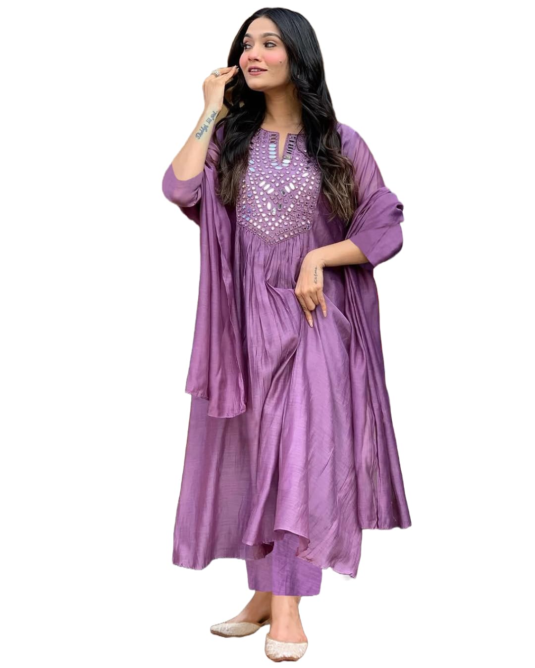 Anni Designer Women'S Rayon Viscose Embroidered A-Line Kurta With Pant & Dupatta (Takita Purple_Xxl_Purple_Xx-Large),Purple,2XL